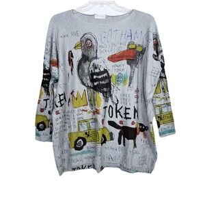 ELLAZHU Basquiat enspired graffiti Print Crew Neck Sweater Top Art To Wear AOP